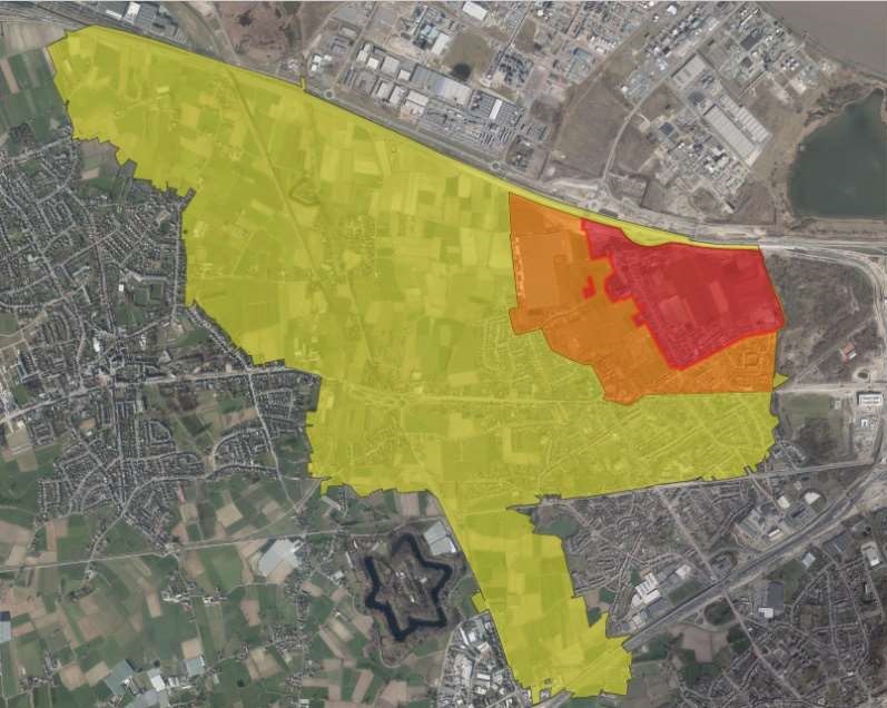 Kaart van Zwijndrecht en Beveren die de zones rondom 3M weergeeft.